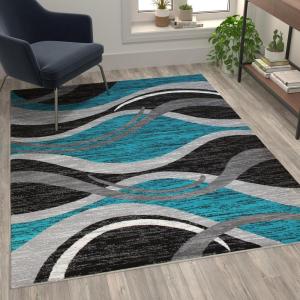 Flash Furniture Wisp Collection Olefin Area Rug – Turquoise Rippled Design – 5′ x 7′ – Jute Backing – Entryway, Living Room, Bedroom(Turquoise)