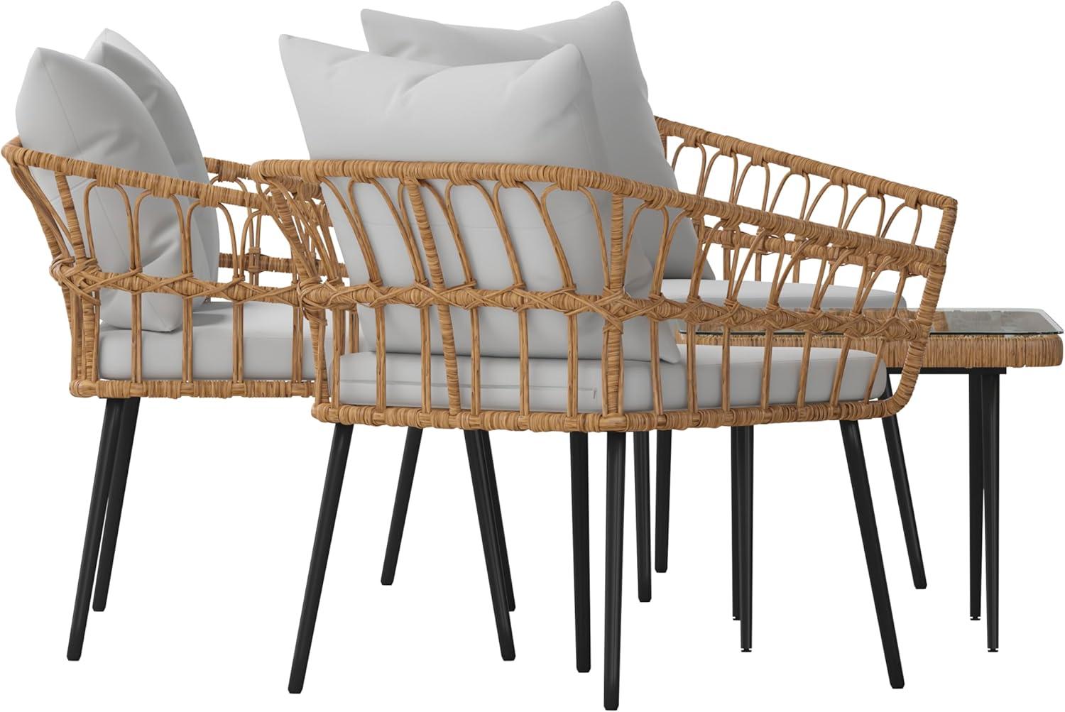 image:imageFlash Furniture Evin Boho 4 Piece Patio Conversation Set Natural Rope Rattan Cream AllWeather Cushions Tempered Glass Top Coffee Table IndoorOutdoorNaturalGray