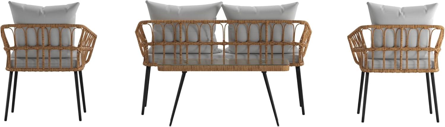 image:imageFlash Furniture Evin Boho 4 Piece Patio Conversation Set Natural Rope Rattan Cream AllWeather Cushions Tempered Glass Top Coffee Table IndoorOutdoorNaturalGray