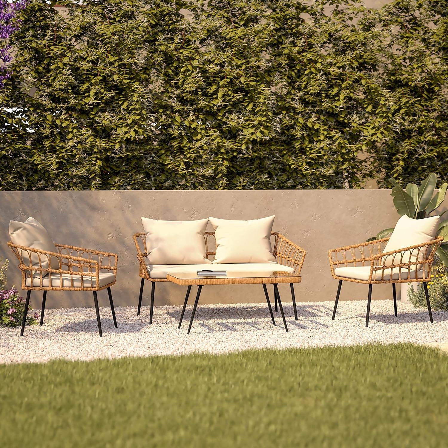 image:imageFlash Furniture Evin Boho 4 Piece Patio Conversation Set Natural Rope Rattan Cream AllWeather Cushions Tempered Glass Top Coffee Table IndoorOutdoorNaturalCream