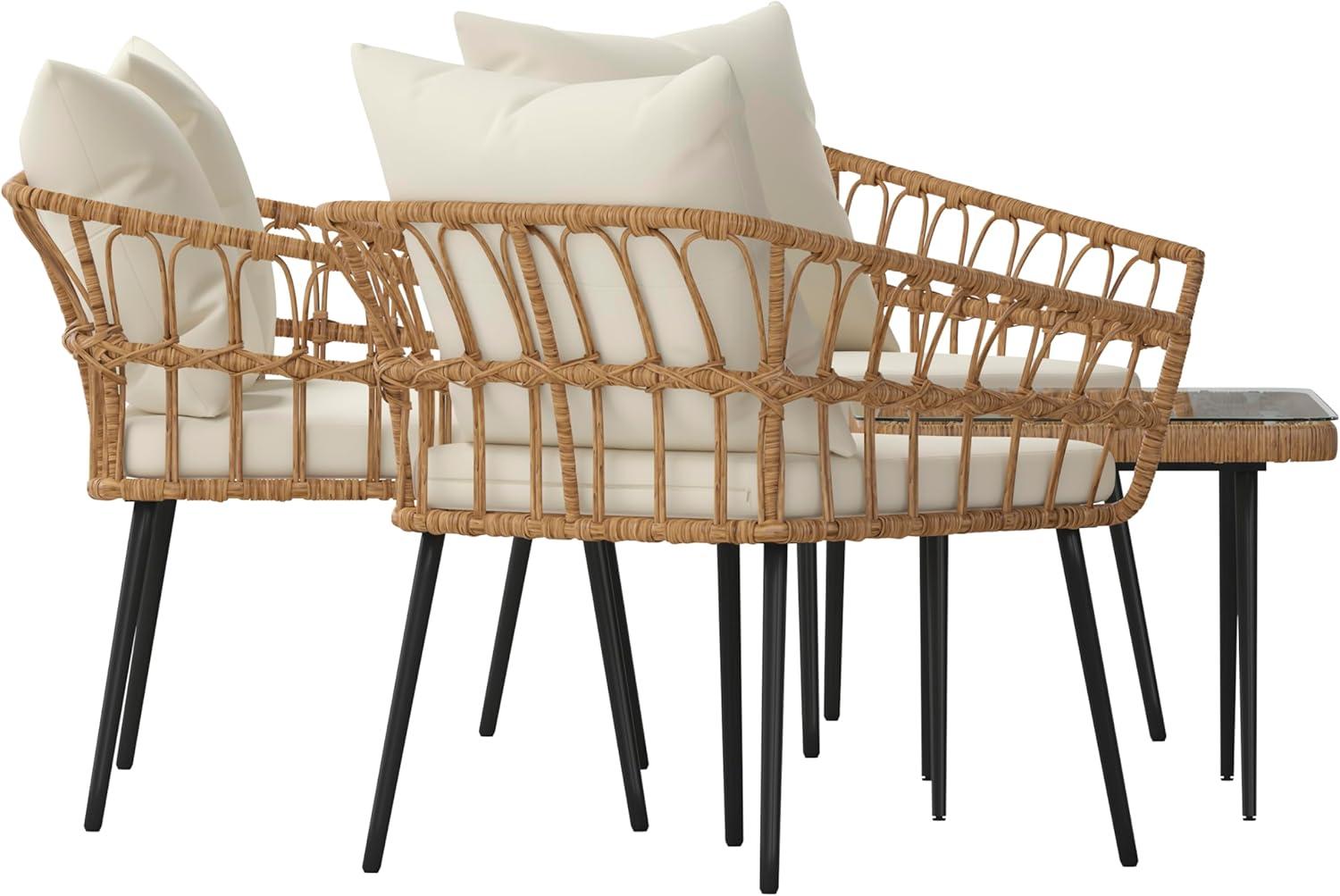 image:imageFlash Furniture Evin Boho 4 Piece Patio Conversation Set Natural Rope Rattan Cream AllWeather Cushions Tempered Glass Top Coffee Table IndoorOutdoorNaturalCream