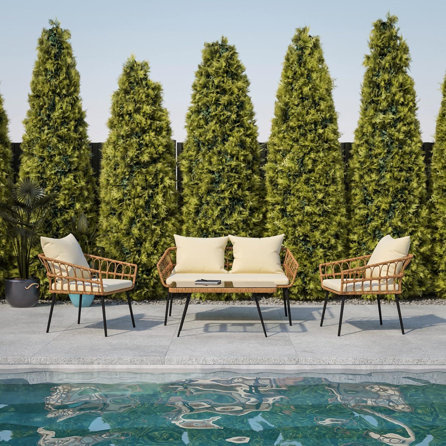image:imageFlash Furniture Evin Boho 4 Piece Patio Conversation Set Natural Rope Rattan Cream AllWeather Cushions Tempered Glass Top Coffee Table IndoorOutdoorNaturalCream