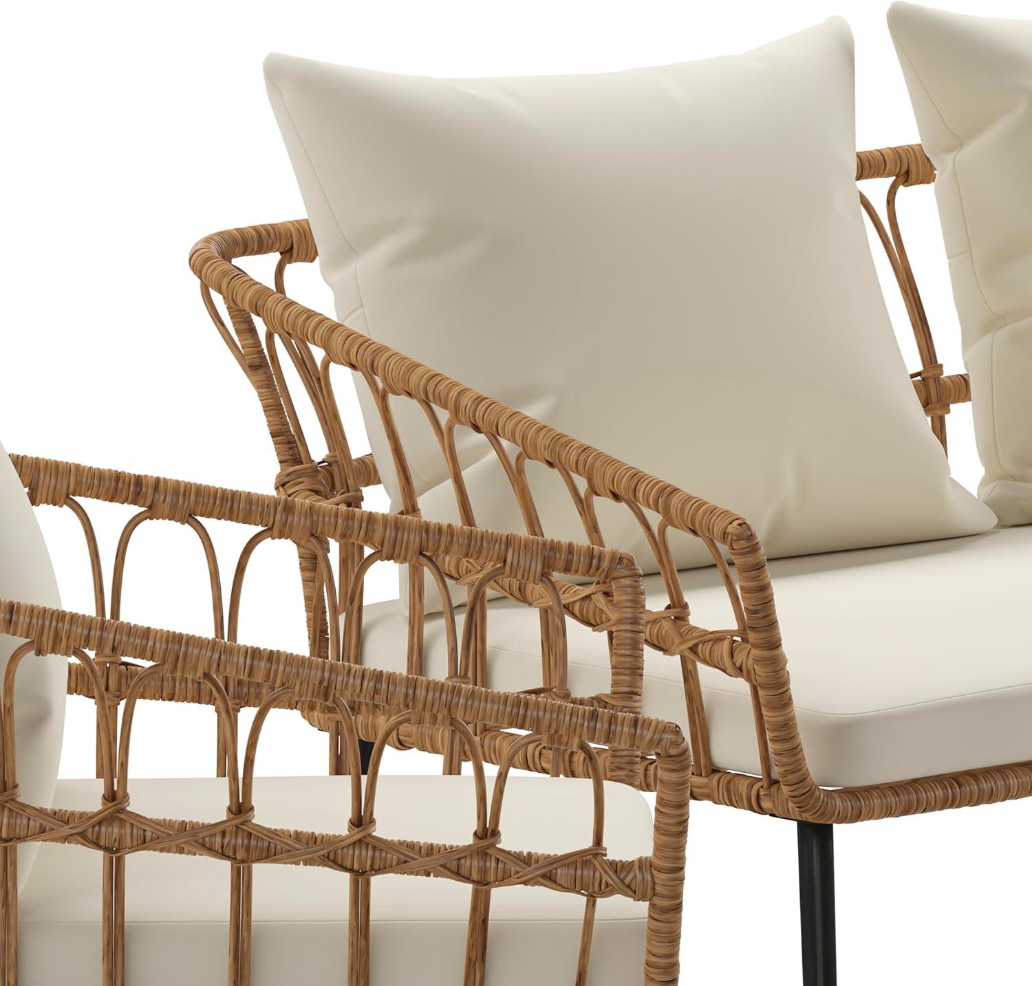 image:imageFlash Furniture Evin Boho 4 Piece Patio Conversation Set Natural Rope Rattan Cream AllWeather Cushions Tempered Glass Top Coffee Table IndoorOutdoorNaturalCream