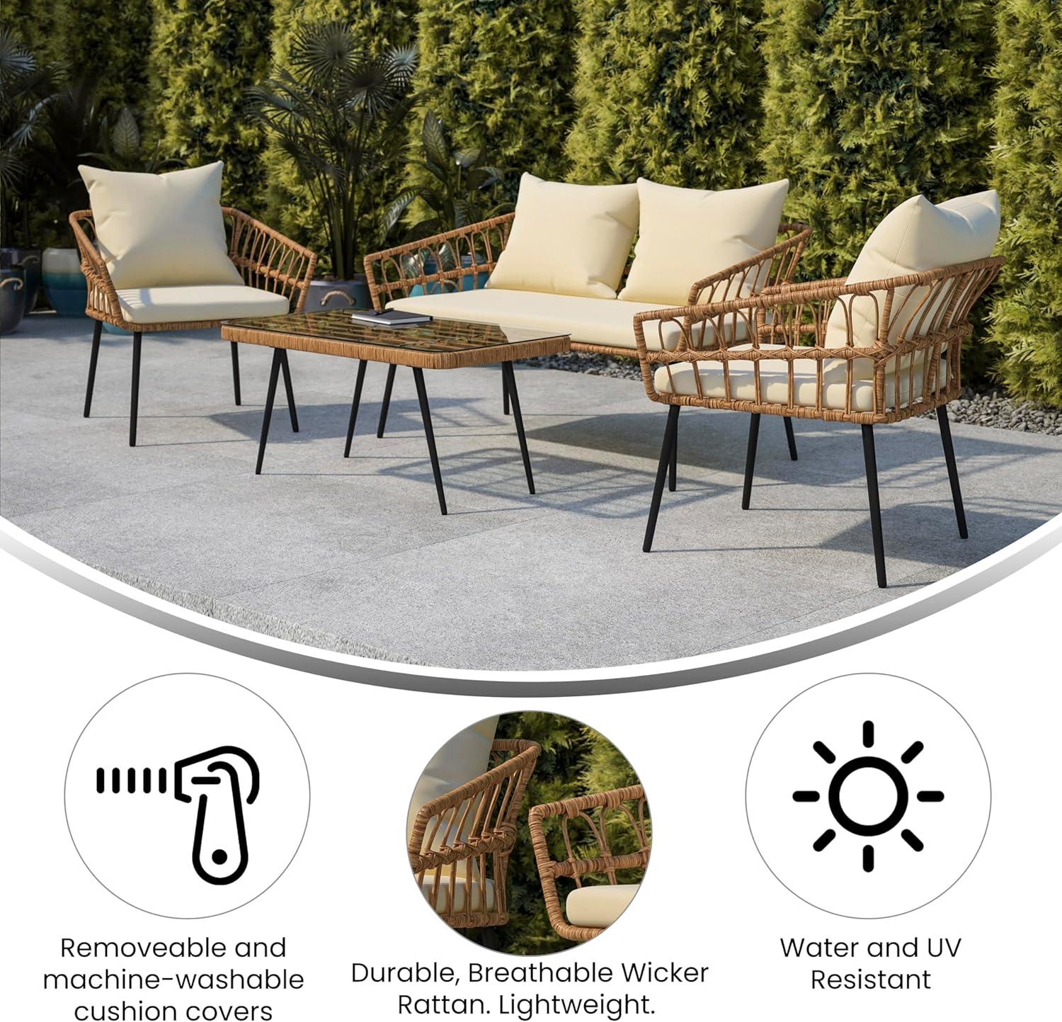 image:imageFlash Furniture Evin Boho 4 Piece Patio Conversation Set Natural Rope Rattan Cream AllWeather Cushions Tempered Glass Top Coffee Table IndoorOutdoorNaturalCream