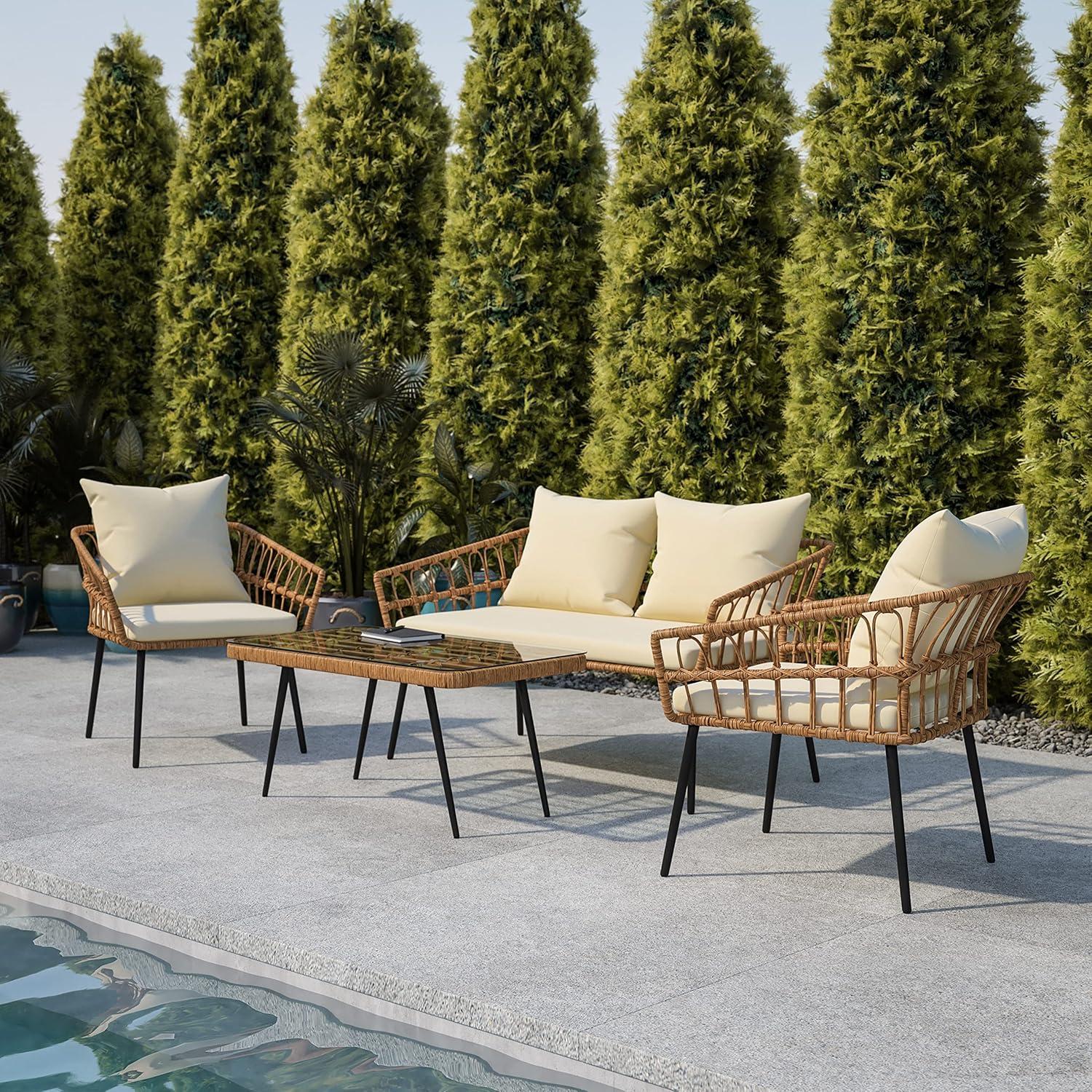 image:imageFlash Furniture Evin Boho 4 Piece Patio Conversation Set Natural Rope Rattan Cream AllWeather Cushions Tempered Glass Top Coffee Table IndoorOutdoorNaturalCream