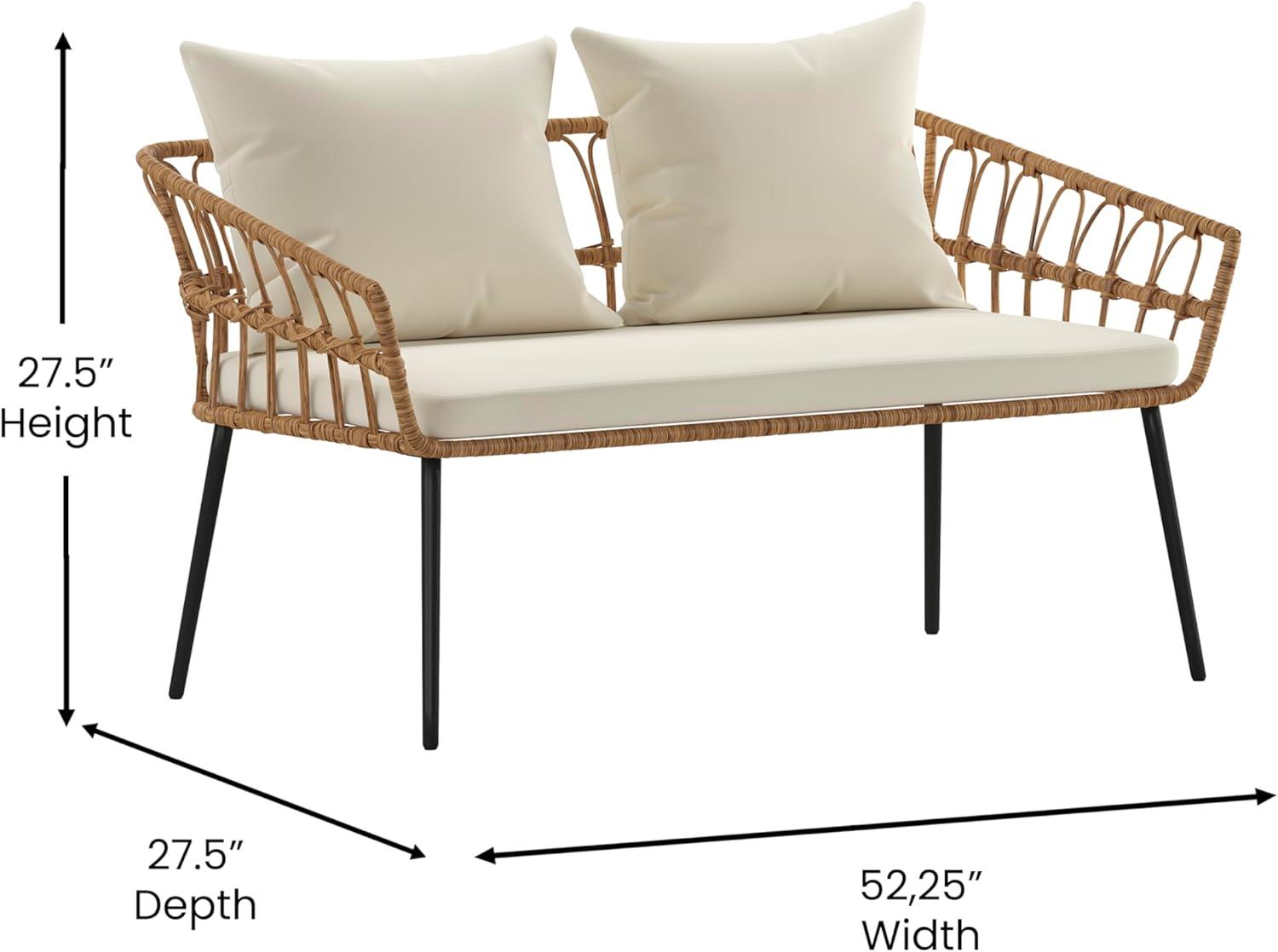 image:imageFlash Furniture Evin Boho 4 Piece Patio Conversation Set Natural Rope Rattan Cream AllWeather Cushions Tempered Glass Top Coffee Table IndoorOutdoorNaturalCream