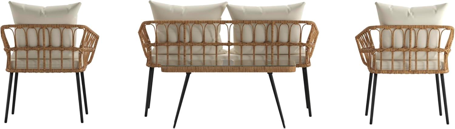 image:imageFlash Furniture Evin Boho 4 Piece Patio Conversation Set Natural Rope Rattan Cream AllWeather Cushions Tempered Glass Top Coffee Table IndoorOutdoorNaturalCream