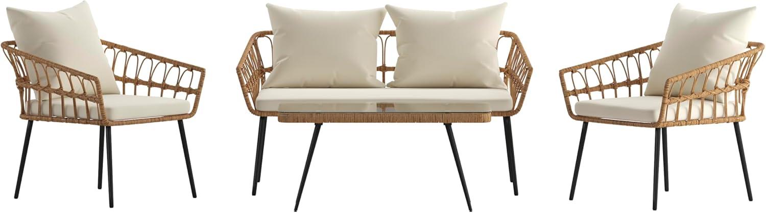 image:imageFlash Furniture Evin Boho 4 Piece Patio Conversation Set Natural Rope Rattan Cream AllWeather Cushions Tempered Glass Top Coffee Table IndoorOutdoorNaturalCream