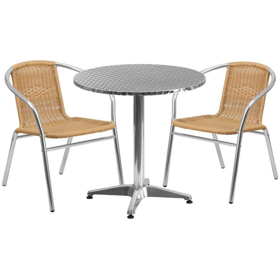 image:imageFlash Furniture 275 Round Aluminum IndoorOutdoor Table Set with 2 Dark Brown Rattan ChairsBeige
