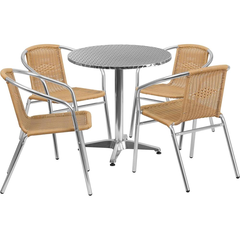 image:imageFlash Furniture 275 Round Aluminum IndoorOutdoor Table Set with 4 Dark Brown Rattan ChairsBeige