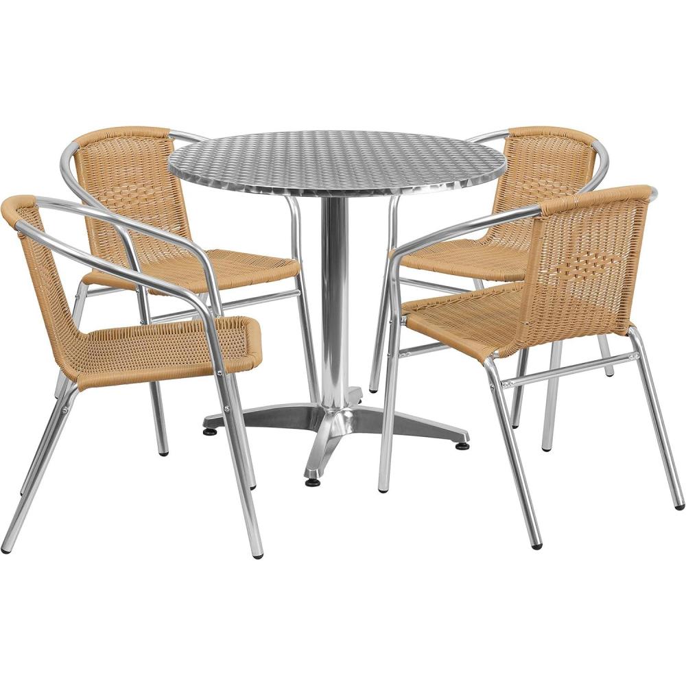 image:imageFlash Furniture 315 Round Aluminum IndoorOutdoor Table Set with 4 Dark Brown Rattan ChairsBeige