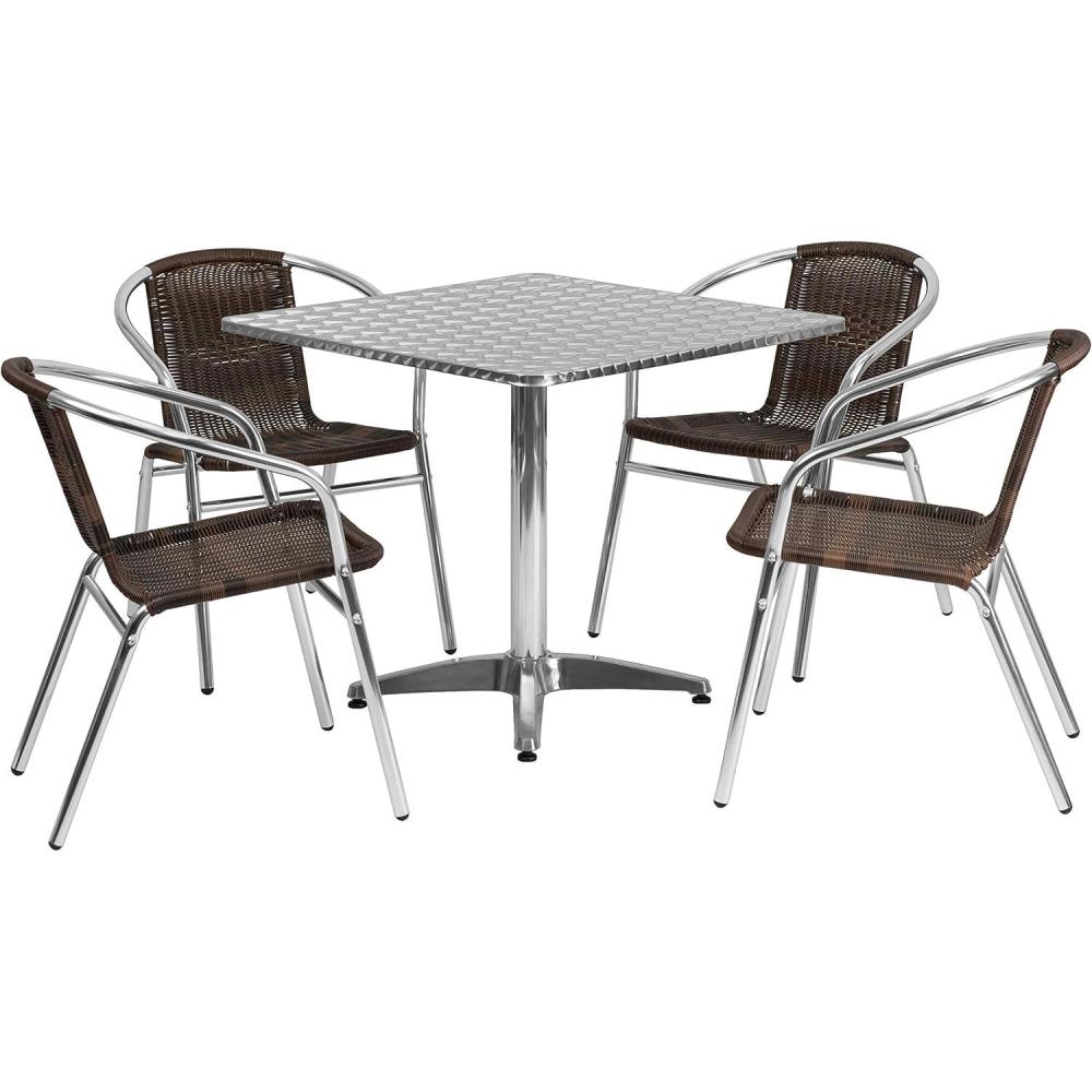 image:imageFlash Furniture 315 Square Aluminum IndoorOutdoor Table Set with 4 Dark Brown Rattan ChairsDark Brown