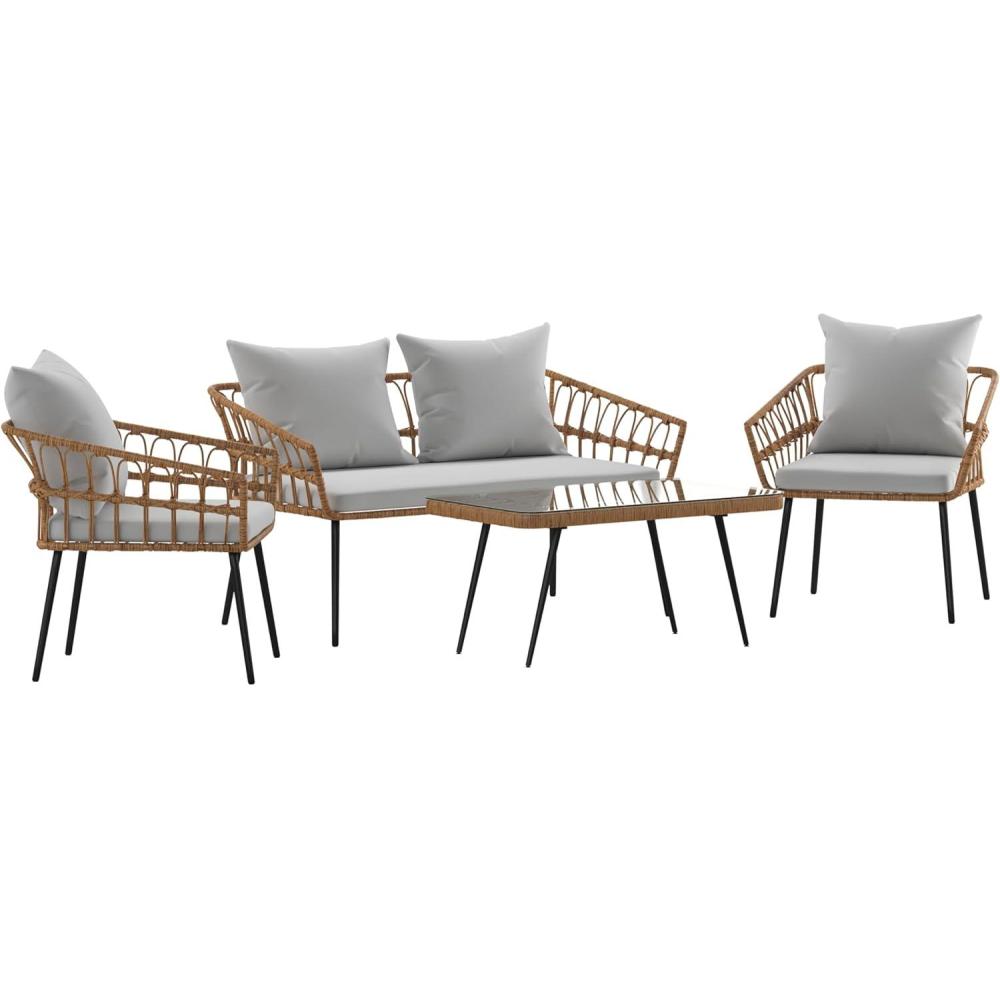 image:imageFlash Furniture Evin Boho 4 Piece Patio Conversation Set Natural Rope Rattan Cream AllWeather Cushions Tempered Glass Top Coffee Table IndoorOutdoorNaturalGray