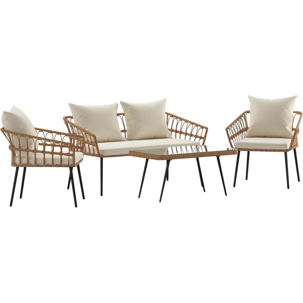 image:imageFlash Furniture Evin Boho 4 Piece Patio Conversation Set Natural Rope Rattan Cream AllWeather Cushions Tempered Glass Top Coffee Table IndoorOutdoorNaturalCream