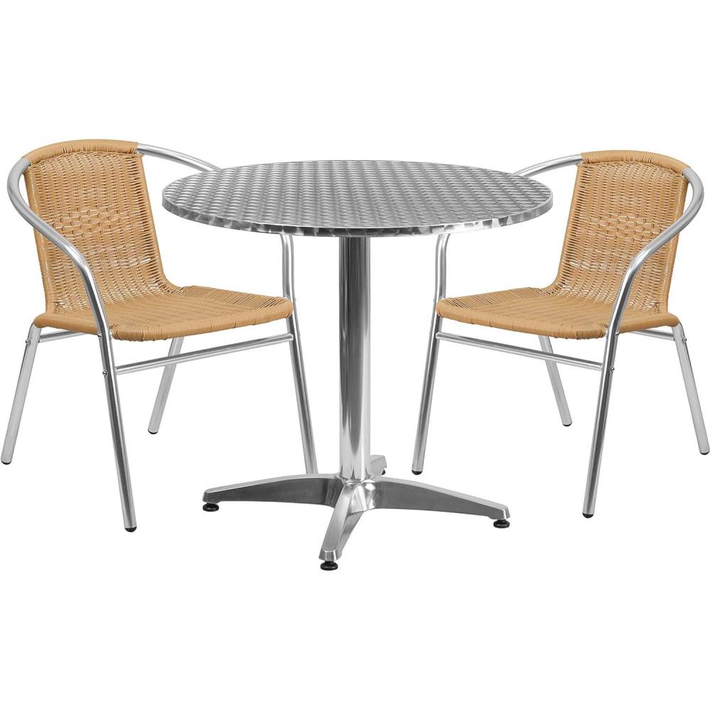 image:imageFlash Furniture Lila 315 Round Aluminum IndoorOutdoor Table Set with 2 Dark Brown Rattan ChairsBeige
