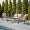 Flash Furniture Evin Boho 4 Piece Patio Conversation Set – Natural Rope Rattan – Cream All-Weather Cushions – Tempered Glass Top Coffee Table – Indoor/Outdoor(Natural/Gray)