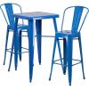 Flash Furniture Commercial Grade 23.75″ Square Orange Metal Indoor-Outdoor Bar Table Set with 2 Stools with Backs(Blue)
