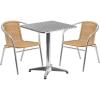 Flash Furniture Lila 23.5” Square Aluminum Indoor-Outdoor Table Set with 2 Dark Brown Rattan Chairs(Beige)