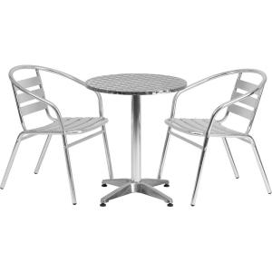 Flash Furniture 23.5” Round Aluminum Indoor-Outdoor Table Set with 2 Slat Back Chairs(Aluminum)