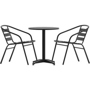 Flash Furniture 23.5” Round Aluminum Indoor-Outdoor Table Set with 2 Slat Back Chairs(Black)