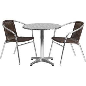 Flash Furniture 27.5” Round Aluminum Indoor-Outdoor Table Set with 2 Dark Brown Rattan Chairs(Dark Brown)