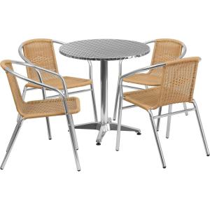 Flash Furniture 27.5” Round Aluminum Indoor-Outdoor Table Set with 4 Dark Brown Rattan Chairs(Beige)