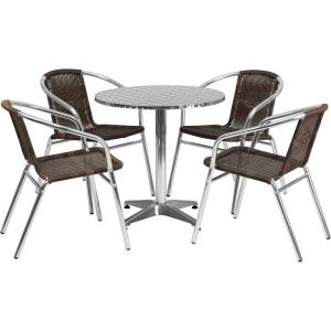 Flash Furniture 27.5” Round Aluminum Indoor-Outdoor Table Set with 4 Dark Brown Rattan Chairs(Dark Brown)