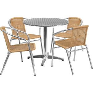 Flash Furniture 31.5” Round Aluminum Indoor-Outdoor Table Set with 4 Dark Brown Rattan Chairs(Beige)