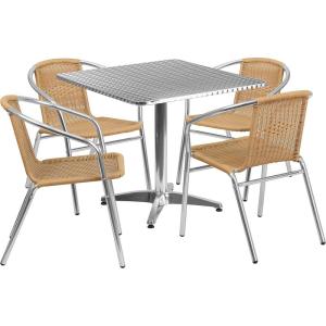 Flash Furniture 31.5” Square Aluminum Indoor-Outdoor Table Set with 4 Dark Brown Rattan Chairs(Beige)