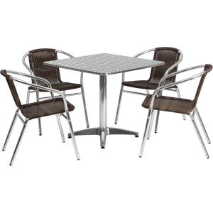 Flash Furniture 31.5” Square Aluminum Indoor-Outdoor Table Set with 4 Dark Brown Rattan Chairs(Dark Brown)