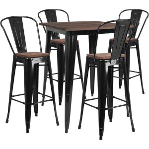 Flash Furniture 31.5″ Square Metal Bar Table Set with Wood Top and 4 Stools, Black