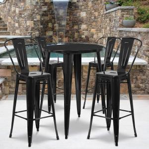 Flash Furniture Callum Commercial Grade 30″ Round Silver Metal Indoor-Outdoor Bar Table Set with 4 Cafe Stools(Black)