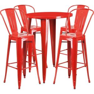 Flash Furniture Callum Commercial Grade 30″ Round Silver Metal Indoor-Outdoor Bar Table Set with 4 Cafe Stools(Red)