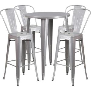 Flash Furniture Callum Commercial Grade 30″ Round Silver Metal Indoor-Outdoor Bar Table Set with 4 Cafe Stools(Silver)