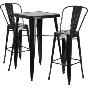 Flash Furniture Commercial Grade 23.75″ Square Orange Metal Indoor-Outdoor Bar Table Set with 2 Stools with Backs(Black)