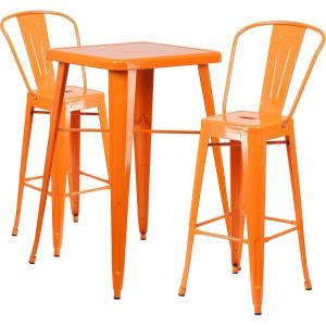 Flash Furniture Commercial Grade 23.75″ Square Orange Metal Indoor-Outdoor Bar Table Set with 2 Stools with Backs(Orange)
