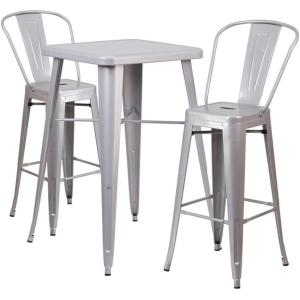 Flash Furniture Commercial Grade 23.75″ Square Orange Metal Indoor-Outdoor Bar Table Set with 2 Stools with Backs(Silver)