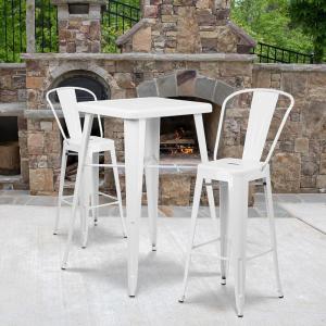 Flash Furniture Commercial Grade 23.75″ Square Orange Metal Indoor-Outdoor Bar Table Set with 2 Stools with Backs(White)