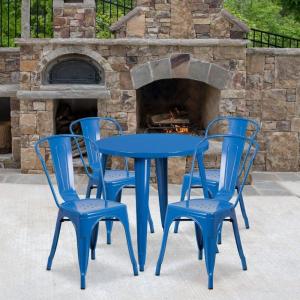 Flash Furniture Dalton Commercial Grade 30″ Round Blue Metal Indoor-Outdoor Table Set with 4 Cafe Chairs(Blue)