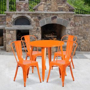 Flash Furniture Dalton Commercial Grade 30″ Round Blue Metal Indoor-Outdoor Table Set with 4 Cafe Chairs(Orange)