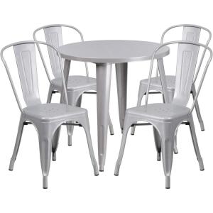Flash Furniture Dalton Commercial Grade 30″ Round Blue Metal Indoor-Outdoor Table Set with 4 Cafe Chairs(Silver)