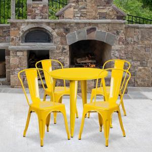 Flash Furniture Dalton Commercial Grade 30″ Round Blue Metal Indoor-Outdoor Table Set with 4 Cafe Chairs(Yellow)