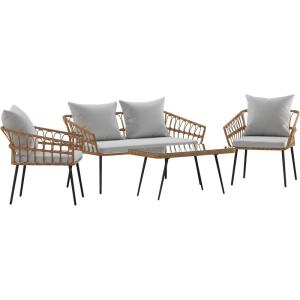 Flash Furniture Evin Boho 4 Piece Patio Conversation Set – Natural Rope Rattan – Cream All-Weather Cushions – Tempered Glass Top Coffee Table – Indoor/Outdoor(Natural/Gray)