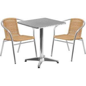 Flash Furniture Lila 23.5” Square Aluminum Indoor-Outdoor Table Set with 2 Dark Brown Rattan Chairs(Beige)