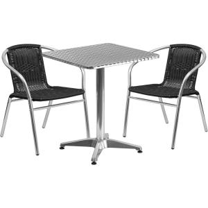 Flash Furniture Lila 23.5” Square Aluminum Indoor-Outdoor Table Set with 2 Dark Brown Rattan Chairs(Black)