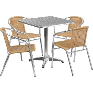 Flash Furniture Lila 27.5” Square Aluminum Indoor-Outdoor Table Set with 4 Dark Brown Rattan Chairs(Beige)