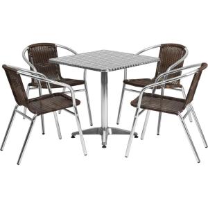 Flash Furniture Lila 27.5” Square Aluminum Indoor-Outdoor Table Set with 4 Dark Brown Rattan Chairs(Dark Brown)