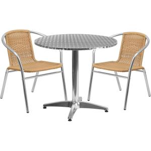Flash Furniture Lila 31.5” Round Aluminum Indoor-Outdoor Table Set with 2 Dark Brown Rattan Chairs(Beige)