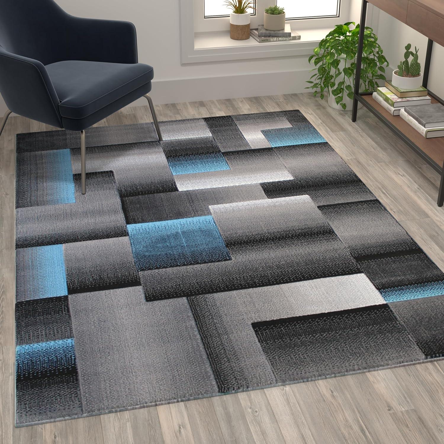 image:imageFlash Furniture Elio Collection Color Blocked Pattern Area Rug High Pile Blue Olefin Rug 8 x 10 Area Rug Jute Backing Hallway Entryway BedroomBlue