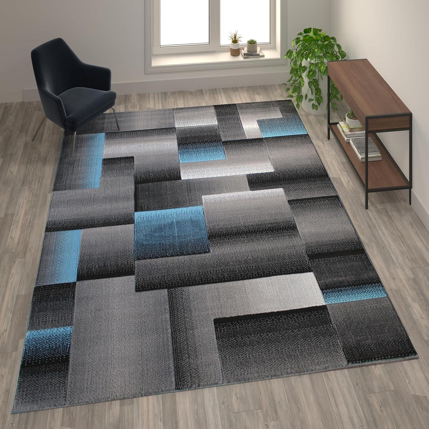 image:imageFlash Furniture Elio Collection Color Blocked Pattern Area Rug High Pile Blue Olefin Rug 8 x 10 Area Rug Jute Backing Hallway Entryway BedroomBlue